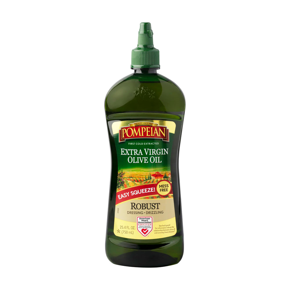 Pompeian Easy Squeeze Robust Olive Oil bottle for mess-free pouring in salads.