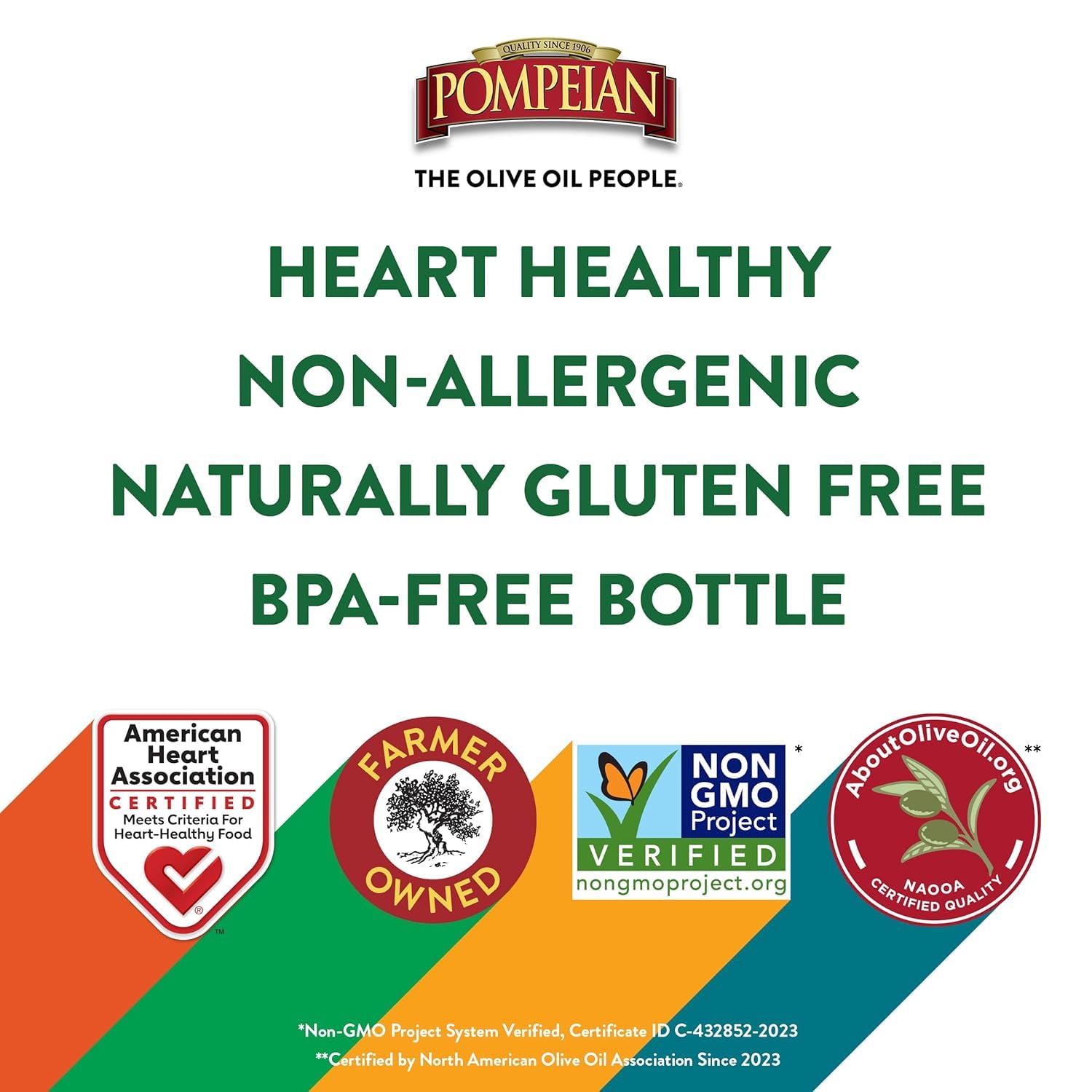 Gluten-free and kosher-friendly Pompeian olive oil label