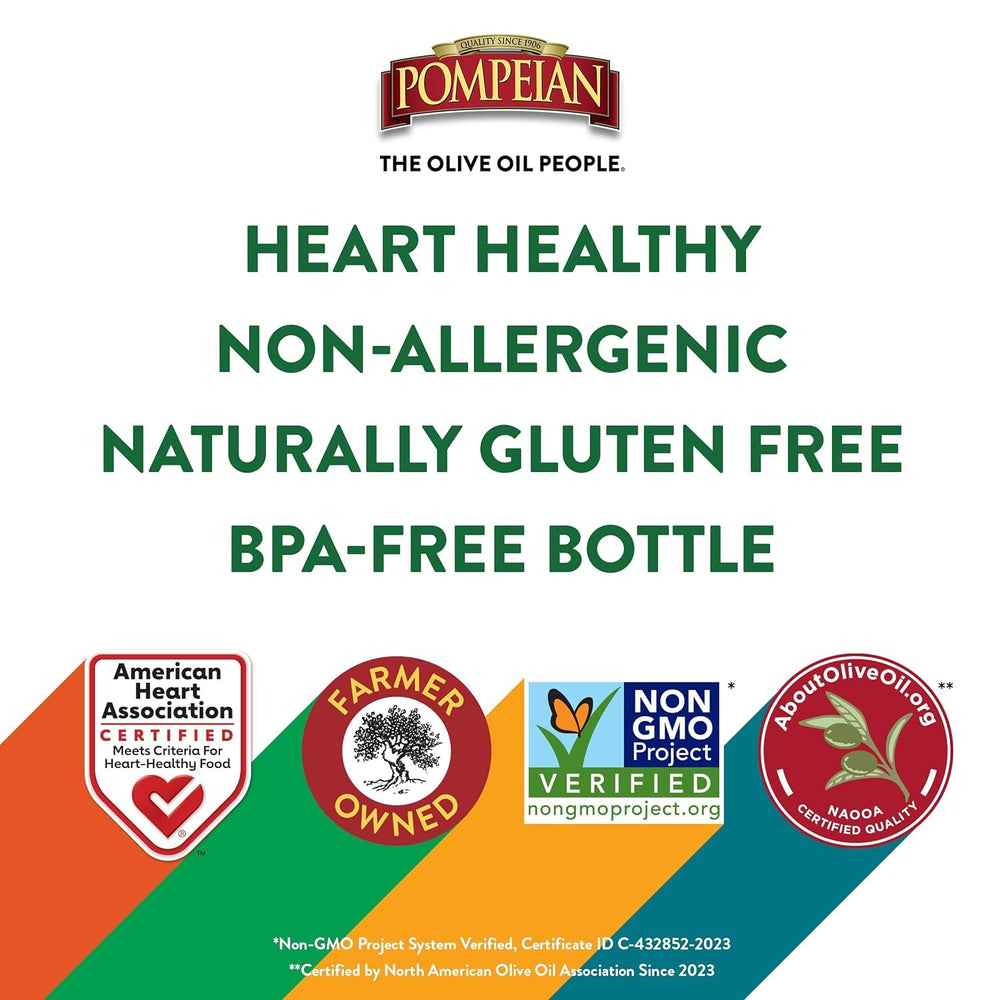 Gluten-free and kosher-friendly Pompeian olive oil label