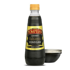 Pompeian Gourmet Balsamic bottle closeup, rich sweet-tangy flavor for dressings.