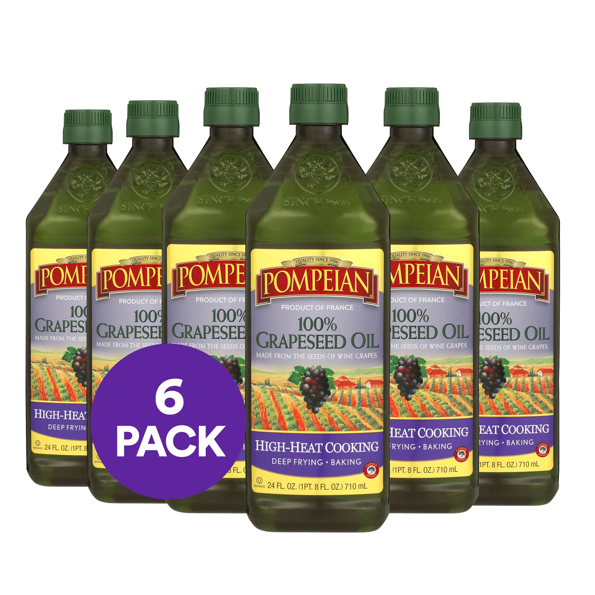 Pompeian grapeseed oil bottle pour demonstrates high-heat cooking versatility