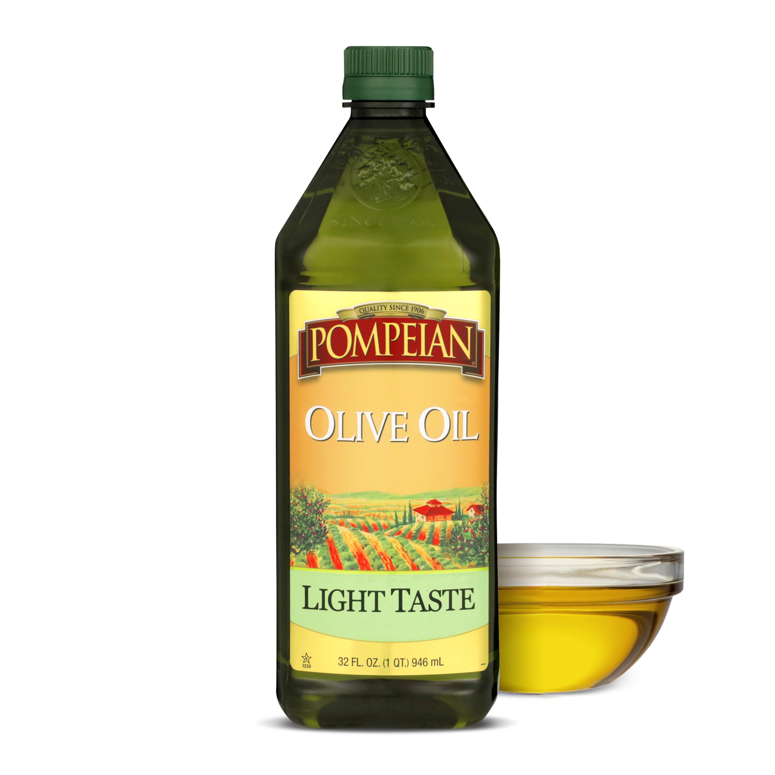 Pompeian Light Taste Olive Oil bottle close-up for everyday sautéing and baking