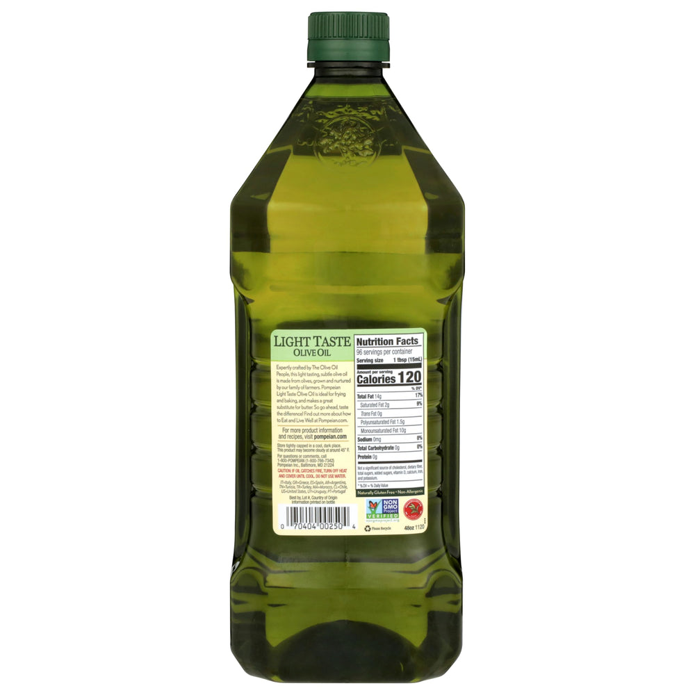 Pompeian Light Taste Olive Oil label emphasizes quality and authenticity