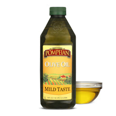 Pompeian Mild Taste Olive Oil bottle pour highlights smooth flavor for sautéing