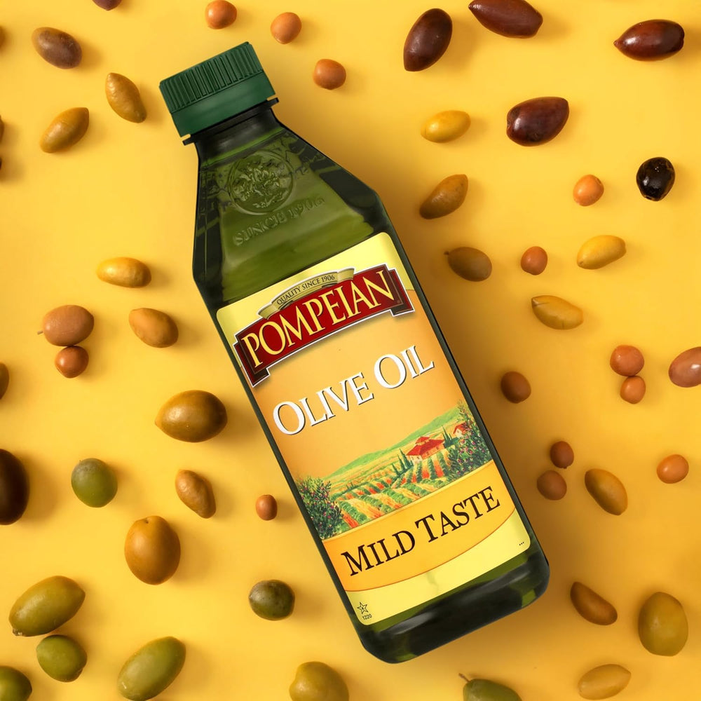 Pompeian bottle on a kitchen counter signaling everyday flavor and quality.
