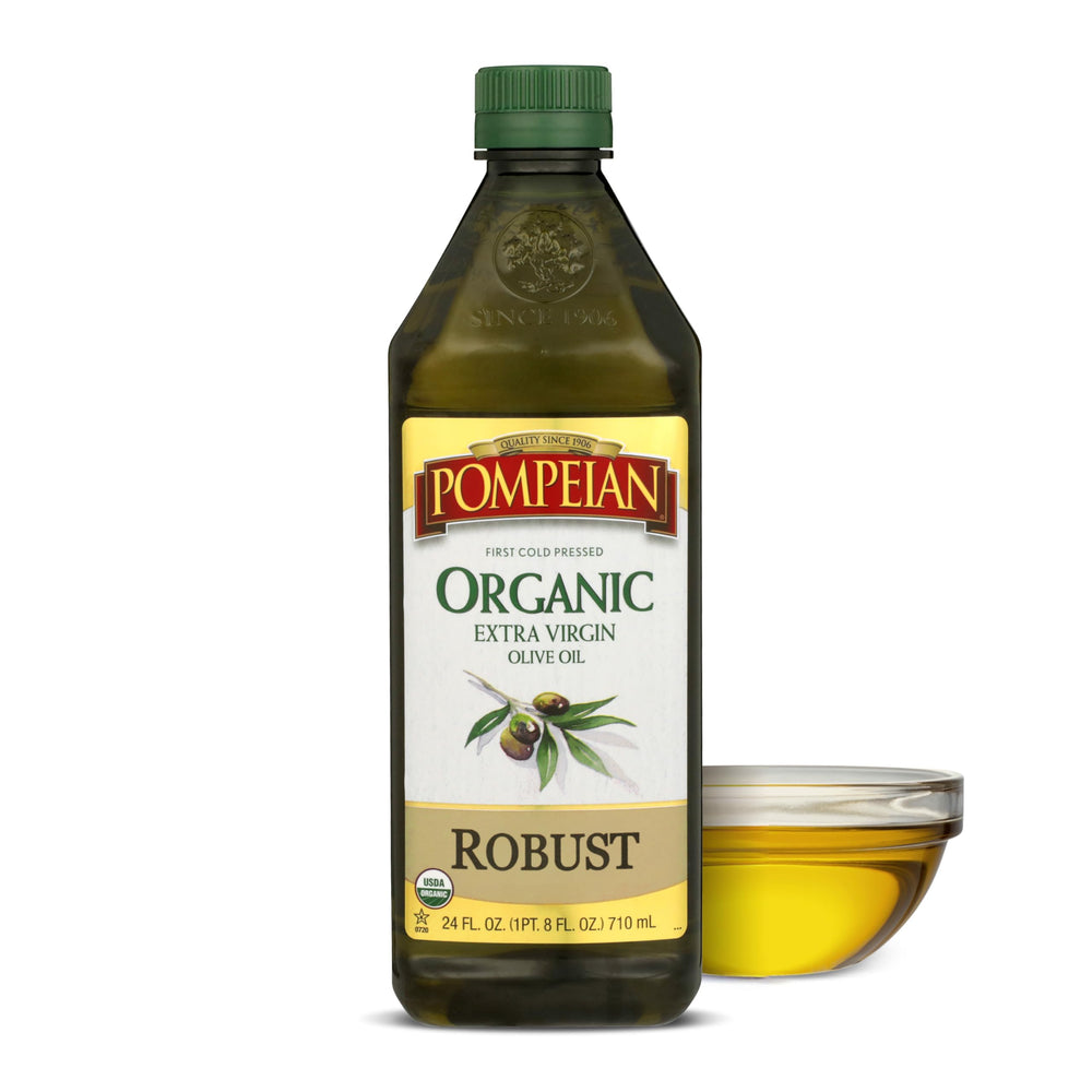 Pompeian Organic Robust EVOO bottle pour; ideal for rich salad dressings.