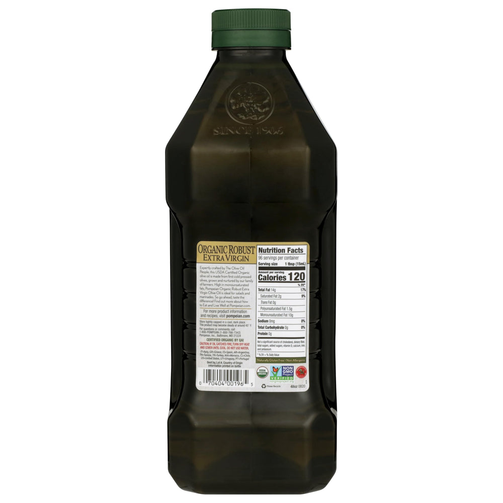 Pompeian Organic Robust EVOO being poured, perfect for marinades.