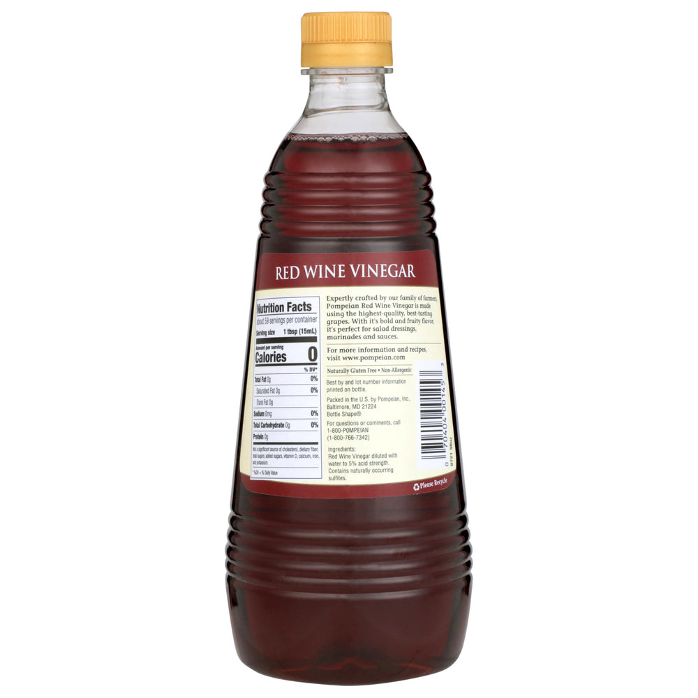 Pompeian Red Wine Vinegar glass bottle close-up showing rich color.