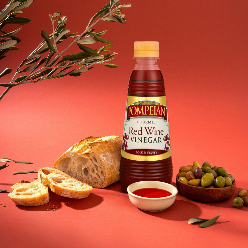 Close-up of Pompeian label on red wine vinegar bottle.