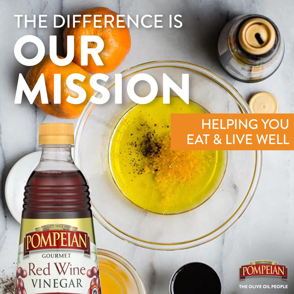 Pompeian Red Wine Vinegar beside olive oil for pairing in recipes.