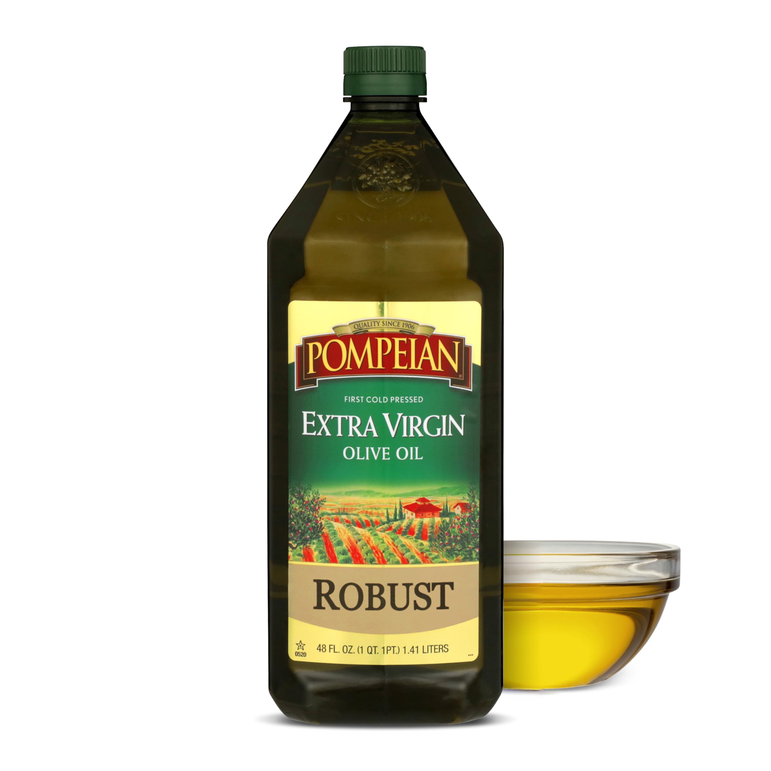 Pompeian Robust EVOO bottle on kitchen counter enhances salads with flavor