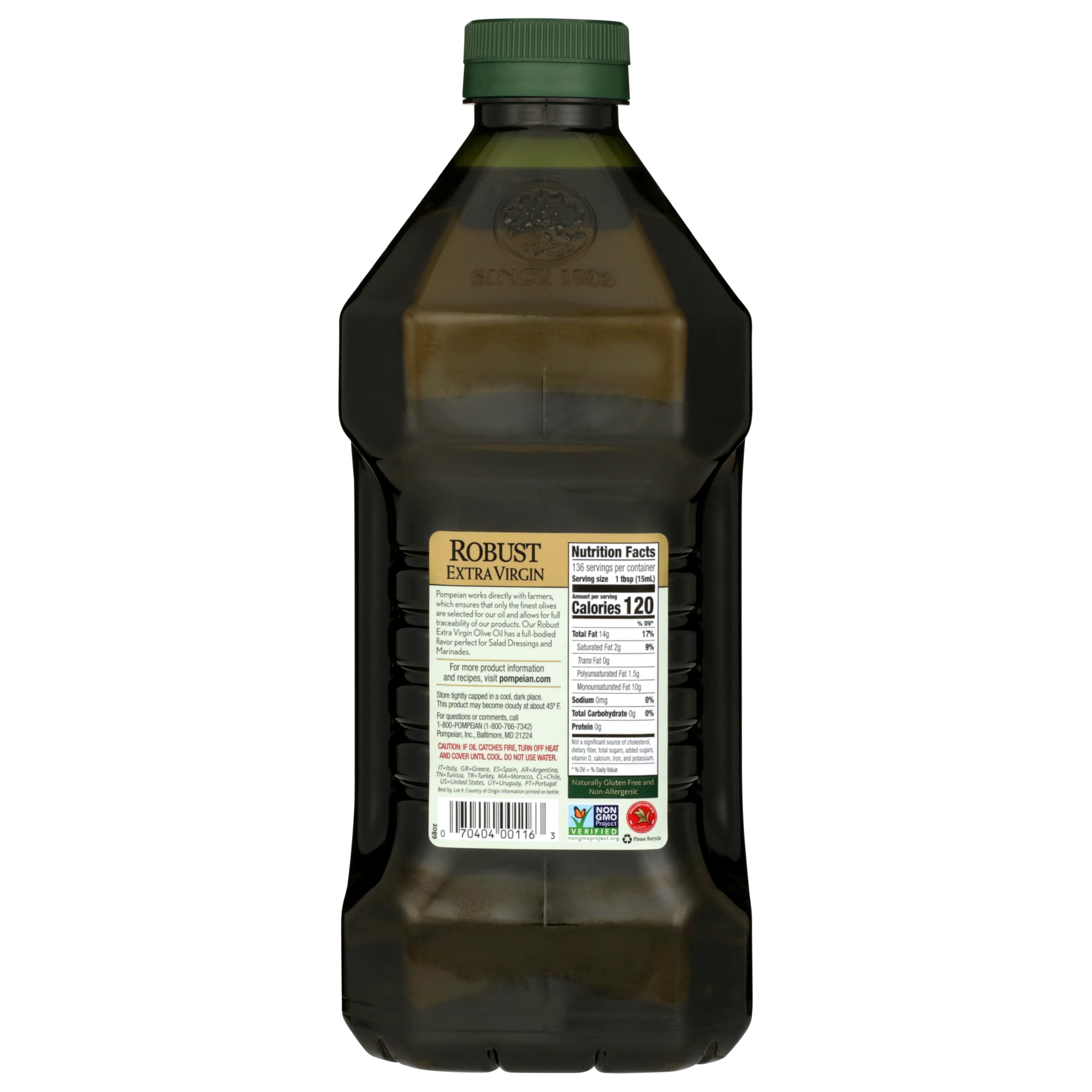 Pompeian Robust EVOO bottle close-up as you drizzle.
