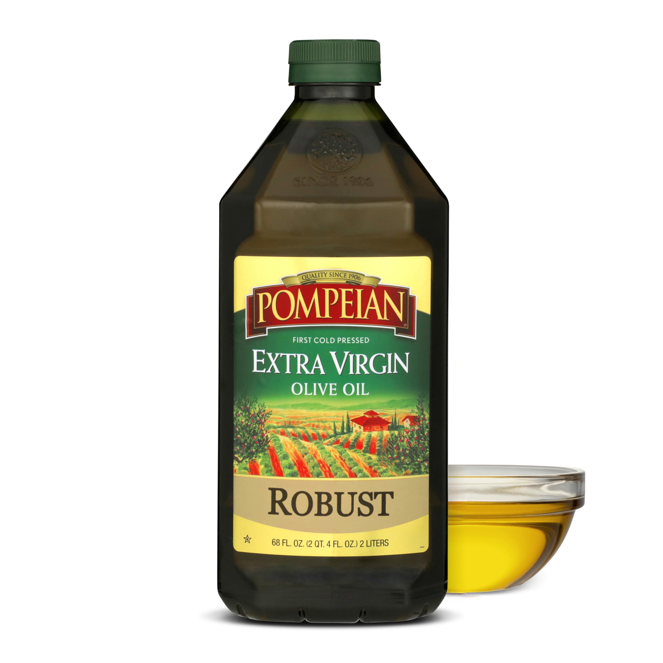 Pompeian Robust EVOO bottle close-up highlighting rich color for dressings.