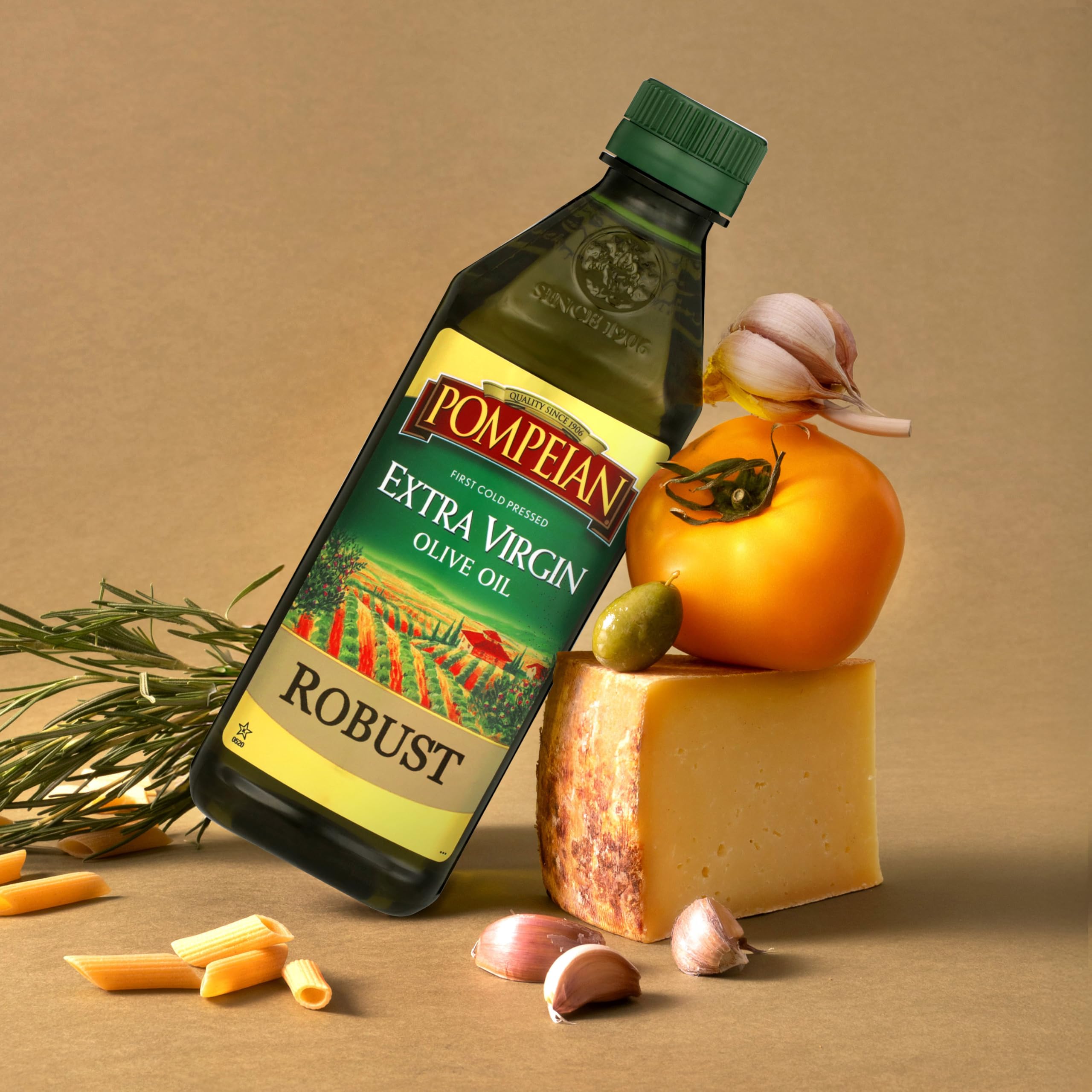 Pompeian Robust EVOO bottle displays 1906 heritage of craftsmanship.