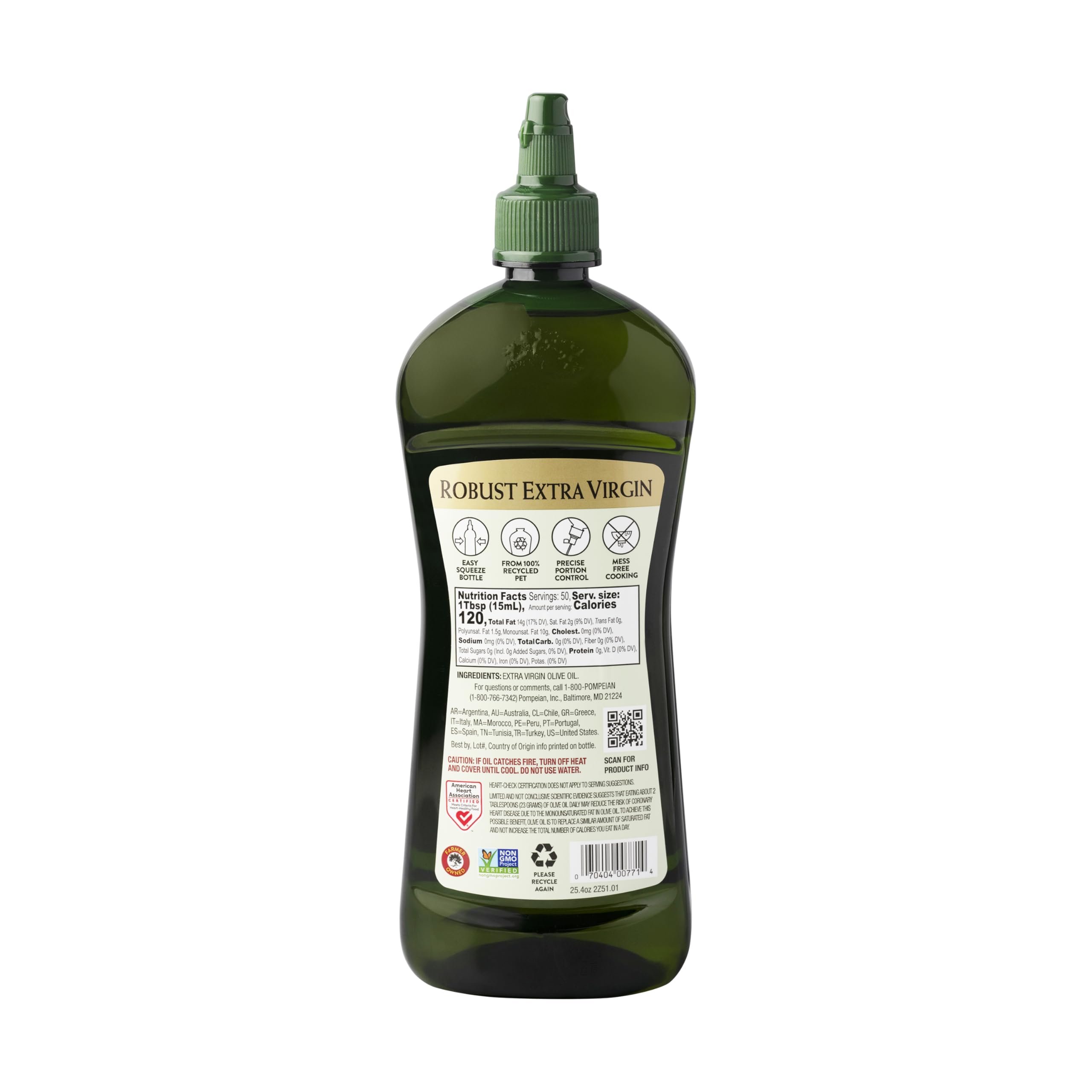Pompeian Robust Olive Oil label highlighting first cold press quality and aroma.