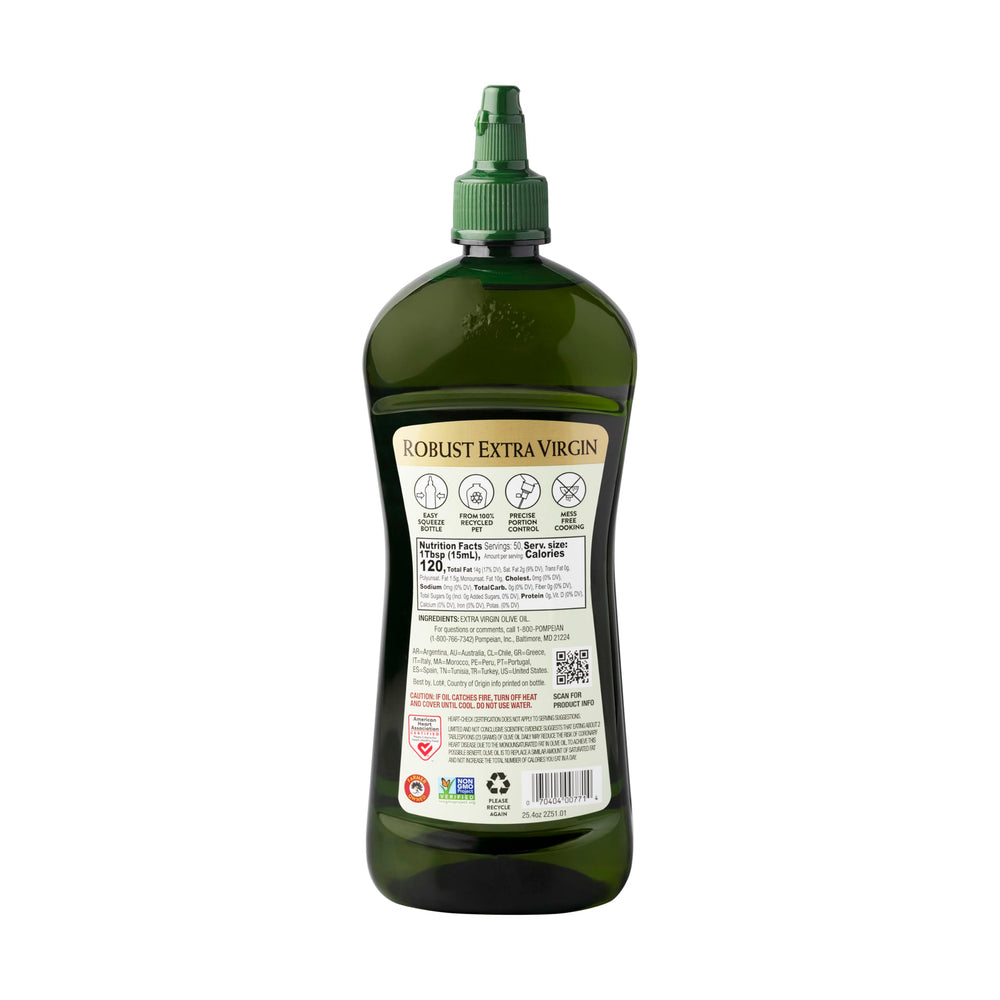 Pompeian Robust Olive Oil label highlighting first cold press quality and aroma.
