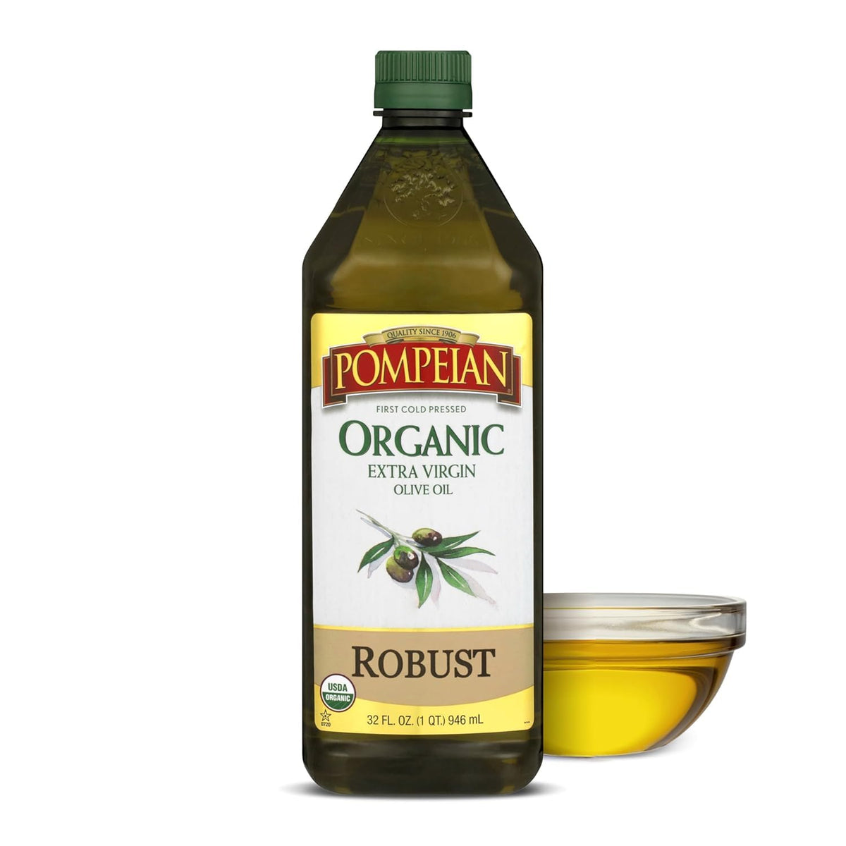 Pompeian Robust Organic EVOO bottle closeup showcases bold flavor for cooking.