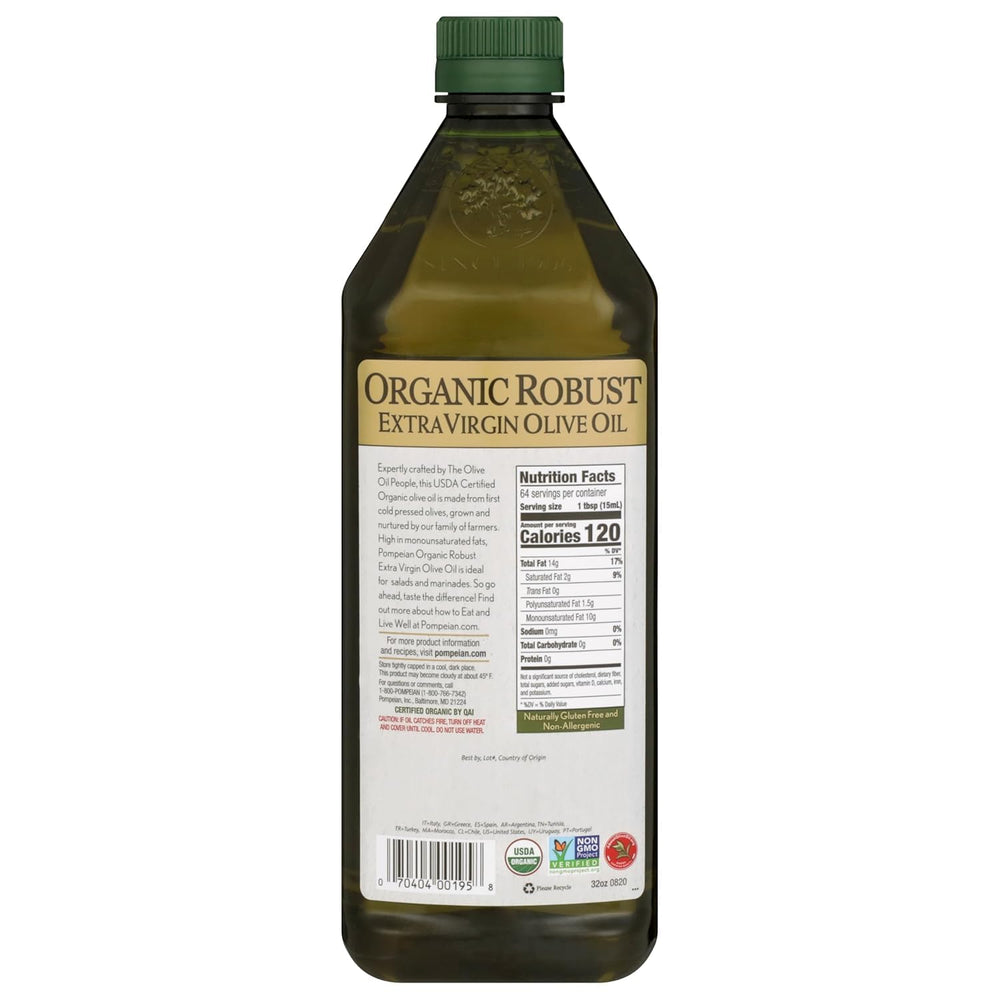 Pompeian Robust Organic EVOO sauté pan scene reveals versatile high-heat cooking.