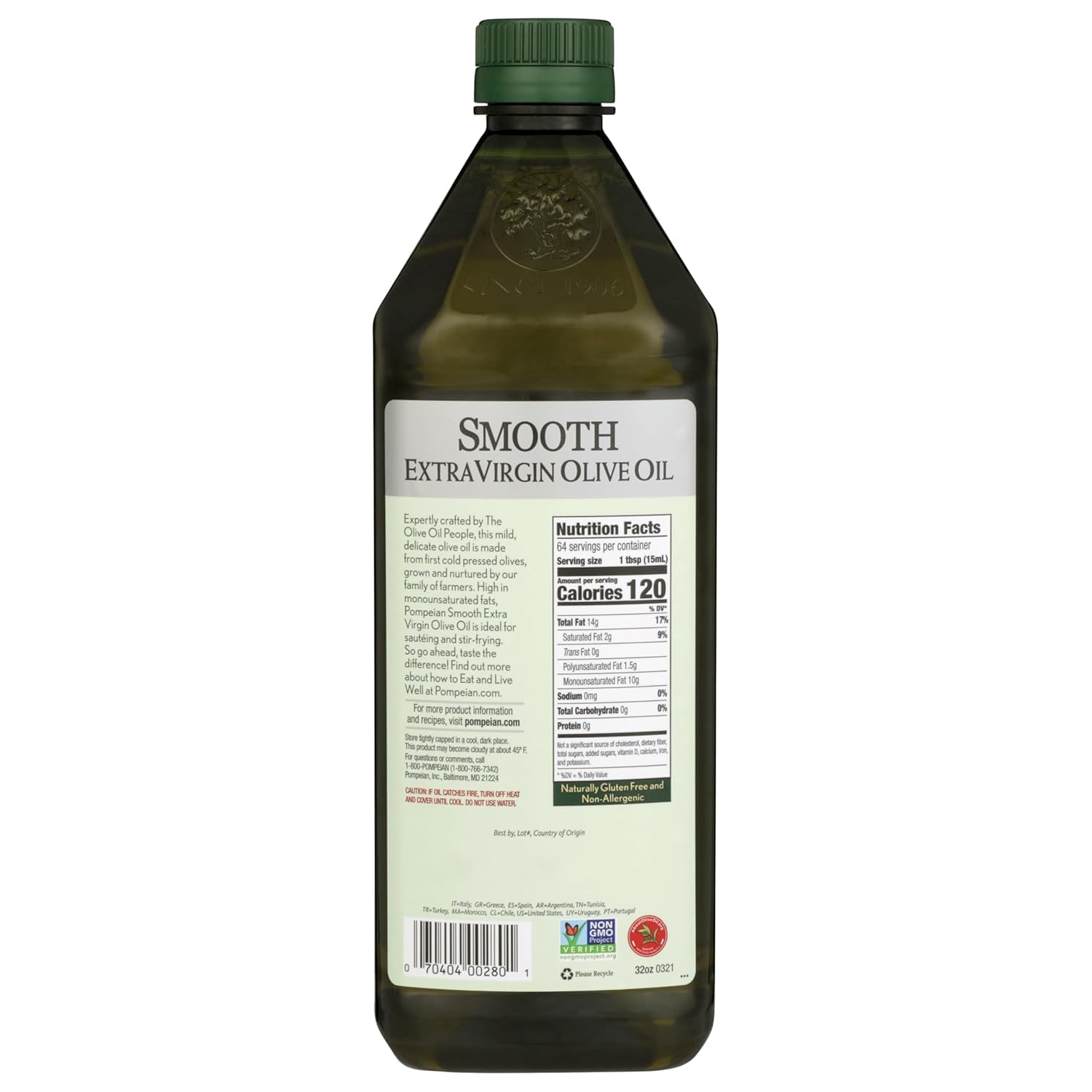 Pompeian Smooth EVOO with fresh herbs and greens on kitchen countertop.