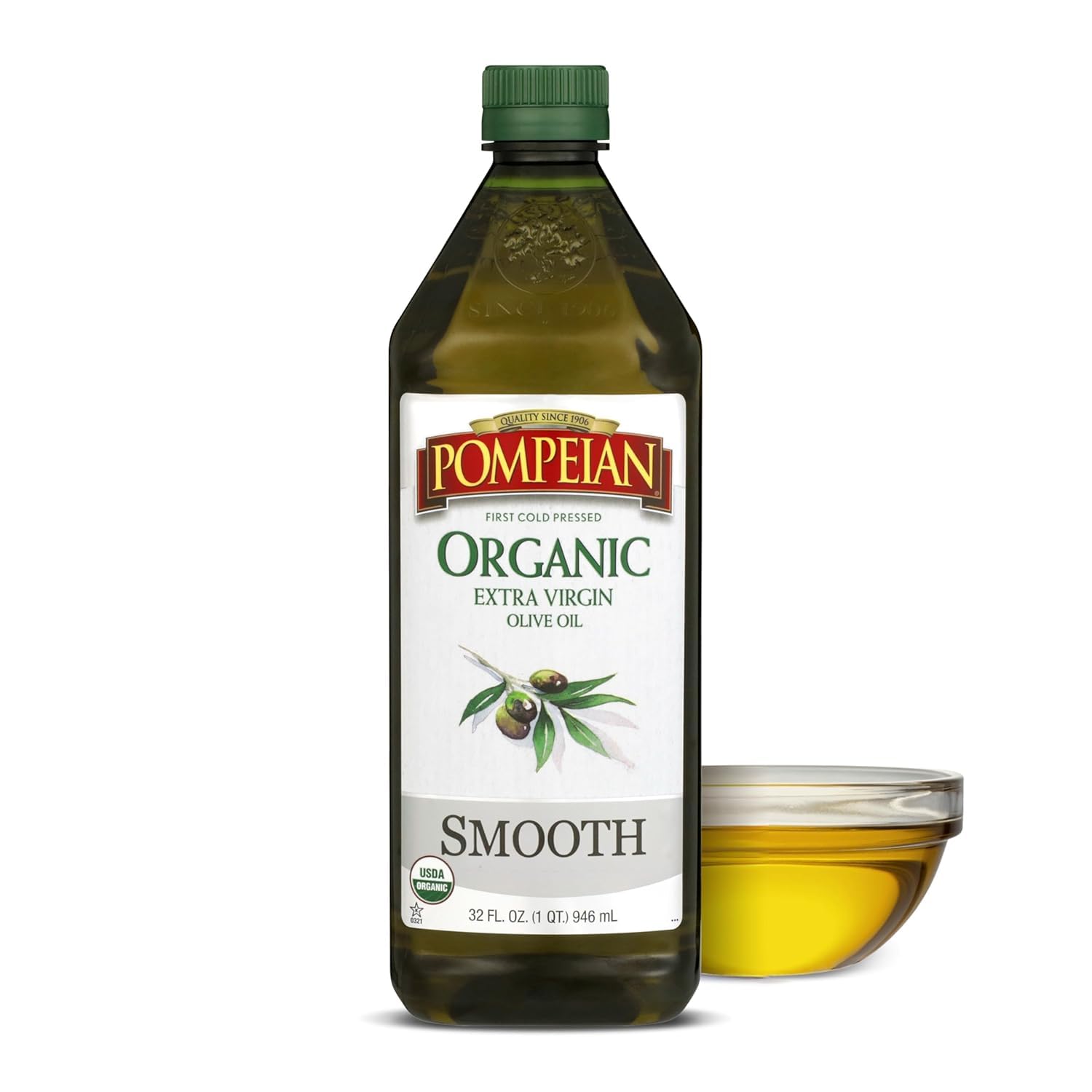 Pompeian Smooth Organic EVOO bottle, ideal for sautéing and finishing with a delicate taste.