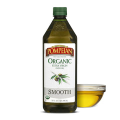 Pompeian Smooth Organic EVOO bottle, ideal for sautéing and finishing with a delicate taste.