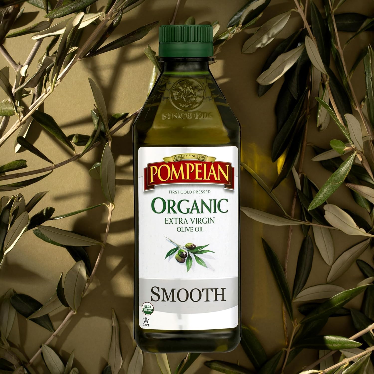 Pompeian Smooth Organic EVOO on a kitchen counter as everyday cooking staple.