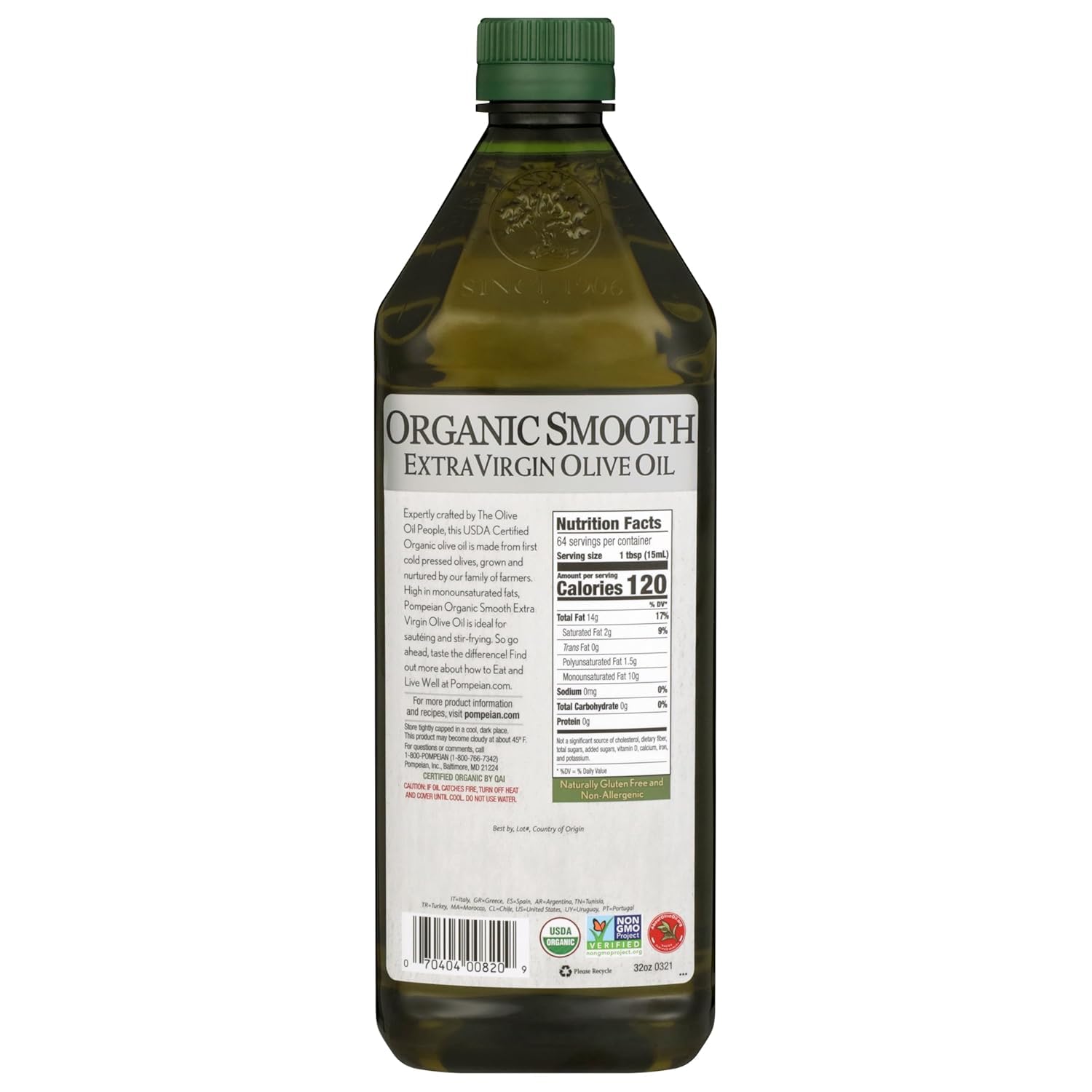 Pompeian Smooth Organic EVOO label close-up showing organic certification.
