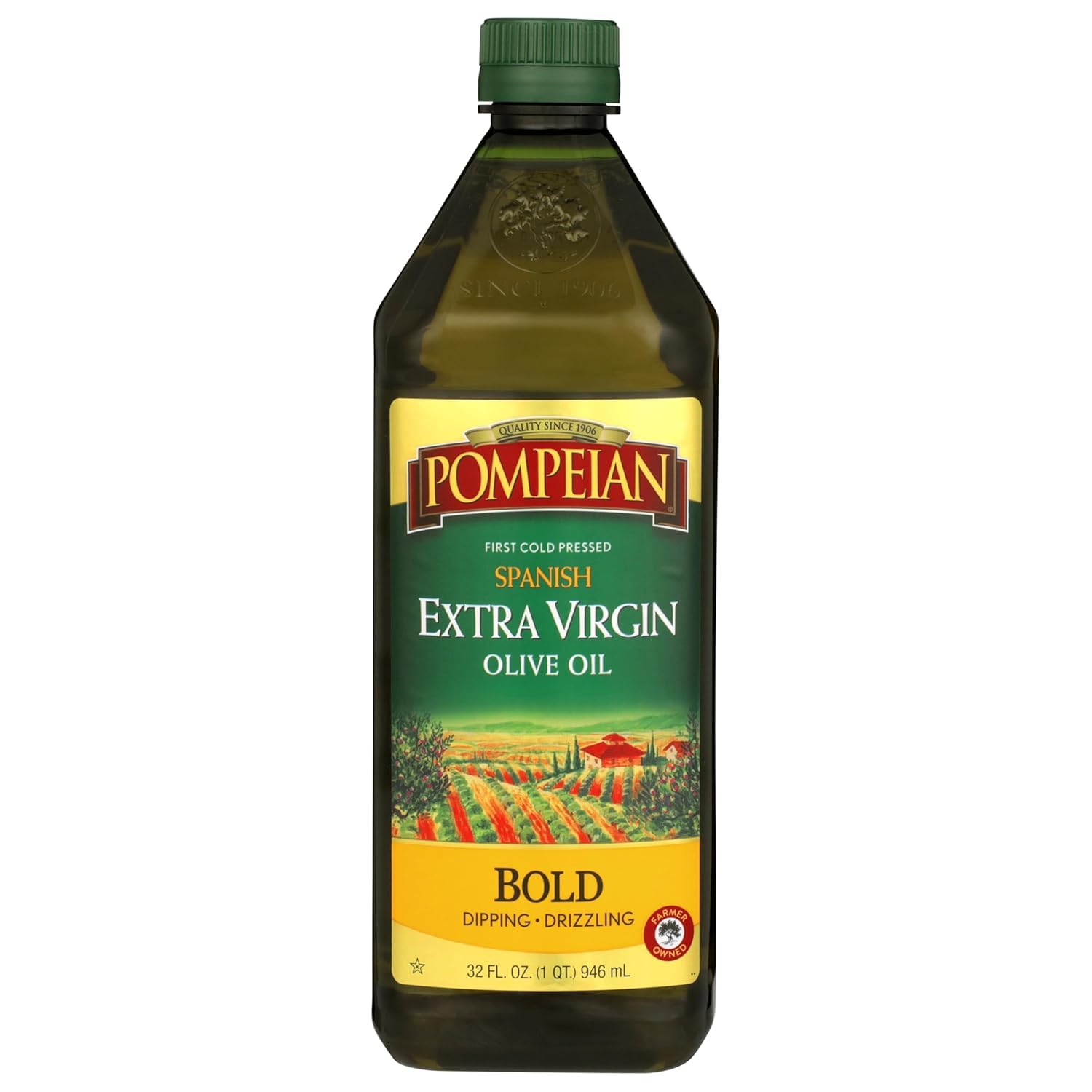 Pompeian Spanish Bold EVOO bottle for bold dipping and finishing dishes.