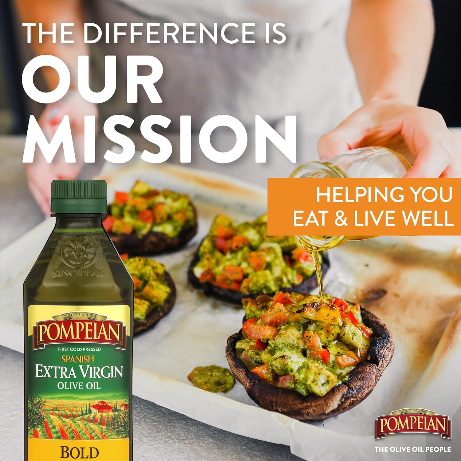 Kitchen scene with Pompeian Bold EVOO on counter.