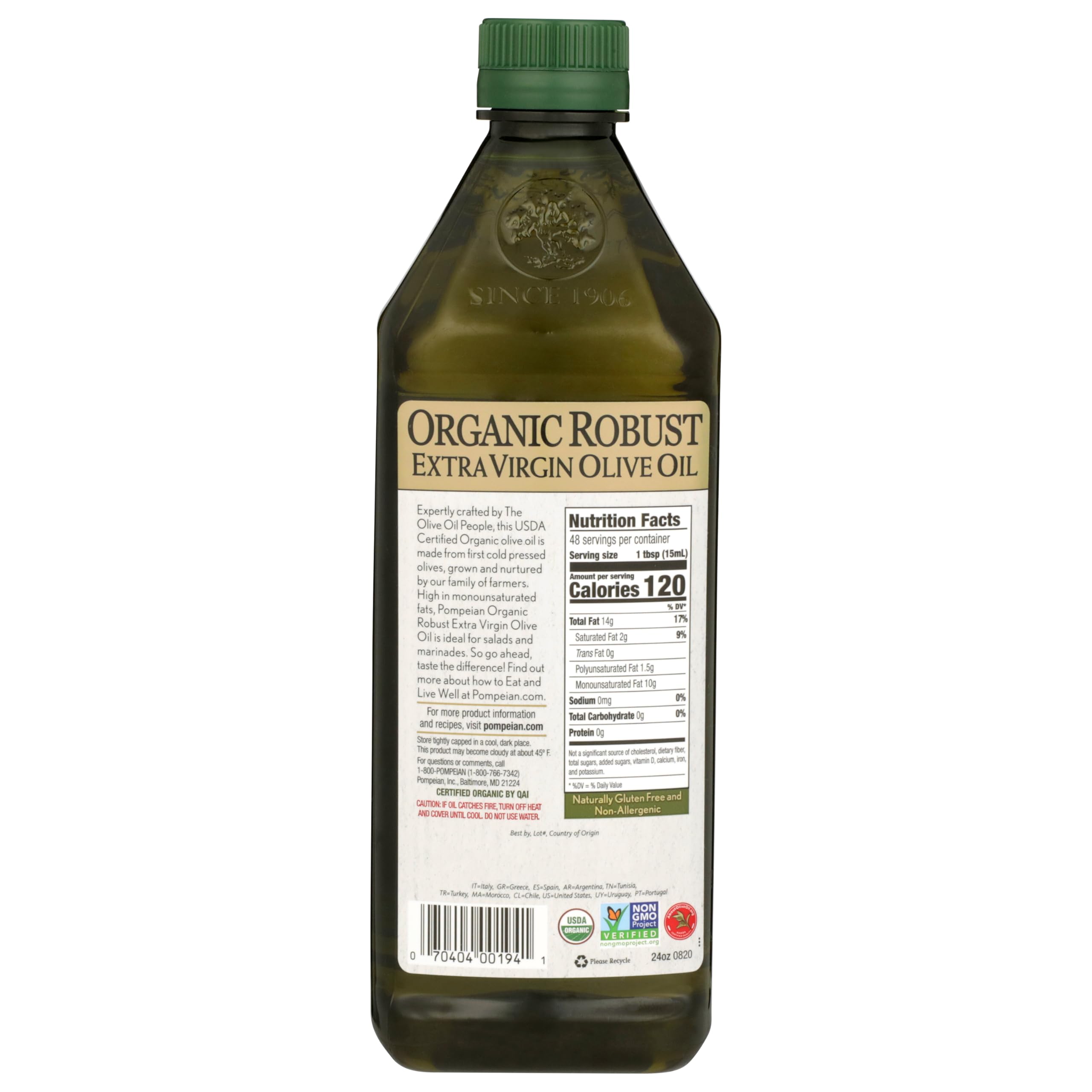 Pompeian Organic label close-up; emphasizes trusted organic quality.