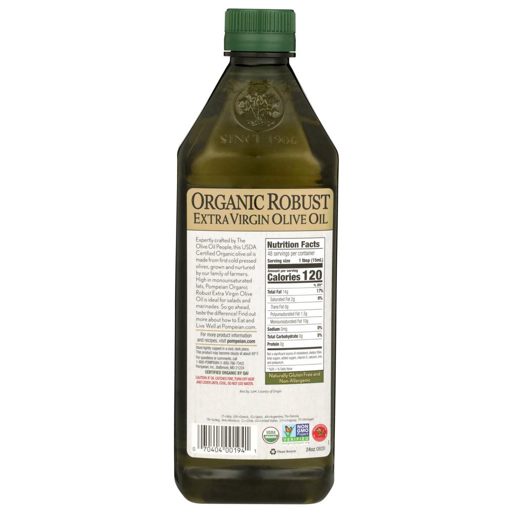 Pompeian Organic label close-up; emphasizes trusted organic quality.
