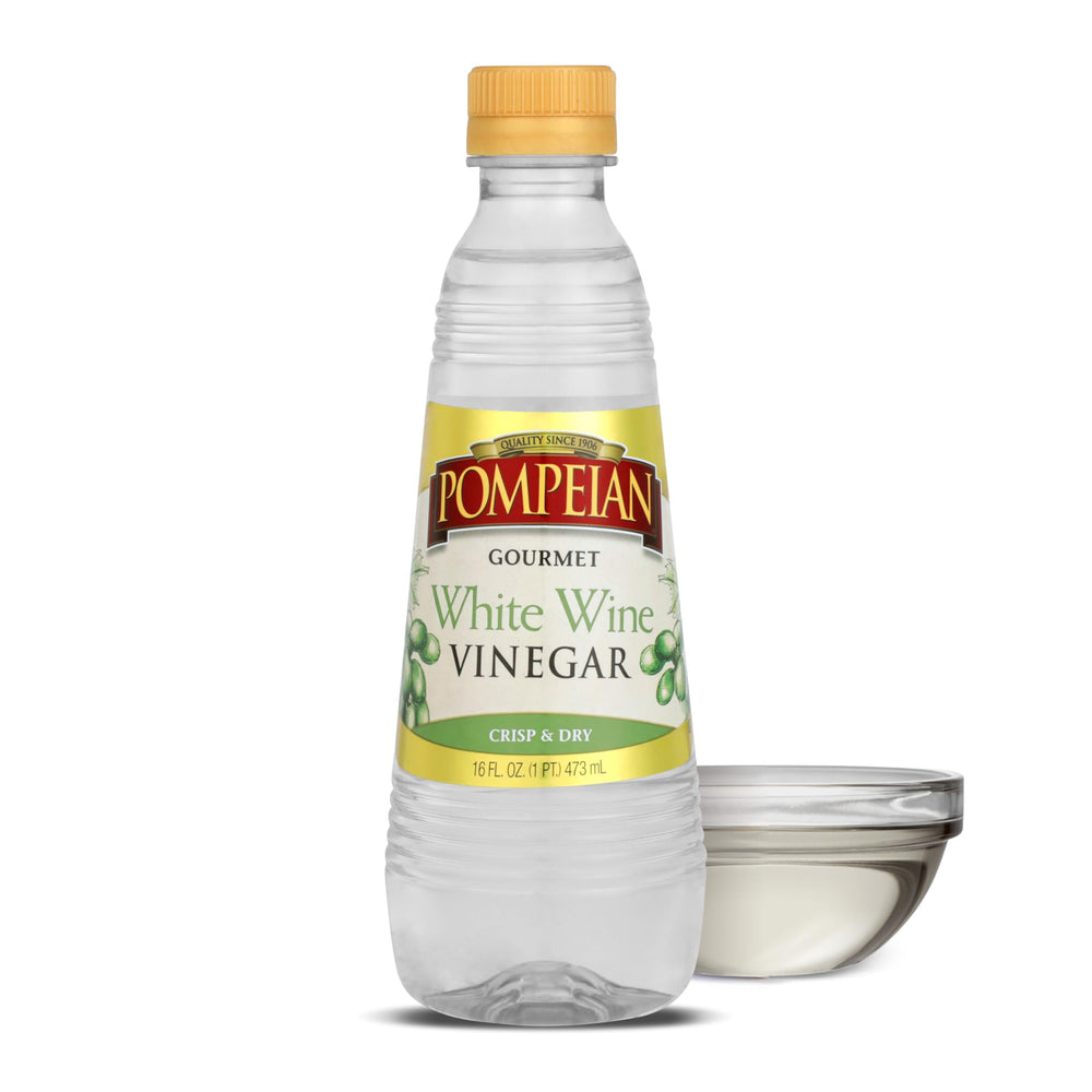 Pompeian White Wine Vinegar shows a crisp taste, perfect for dressings and marinades.