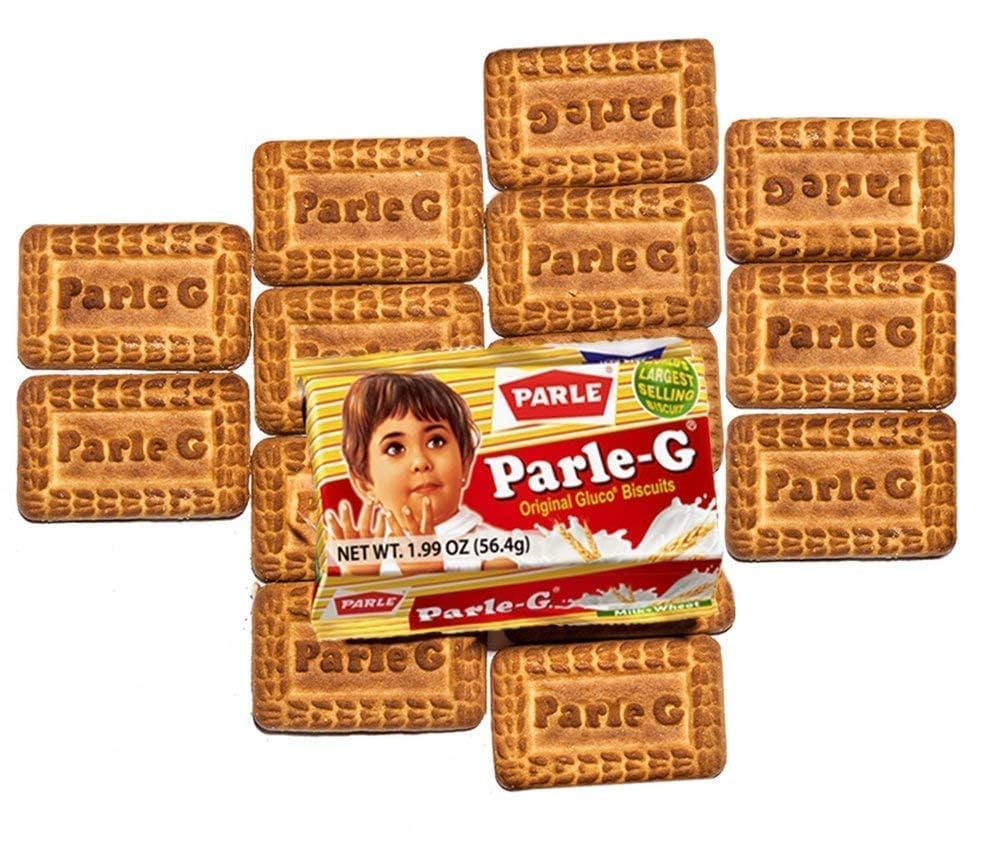 Ponlee Parle-G biscuits 12-pack packaging close-up, shows multi-pack