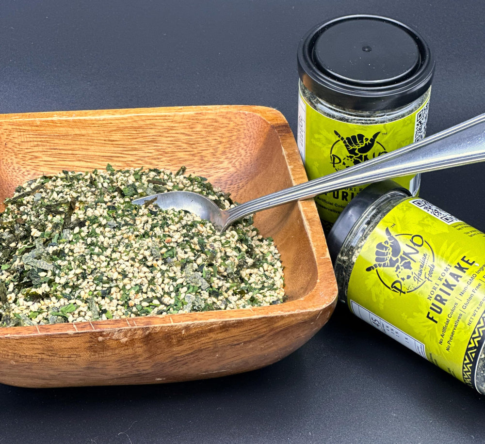 Pono Hawaiian furikake on a rice bowl adding texture and aroma.