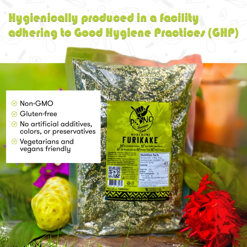 Pono Hawaiian gluten-free non-GMO label on furikake packaging.
