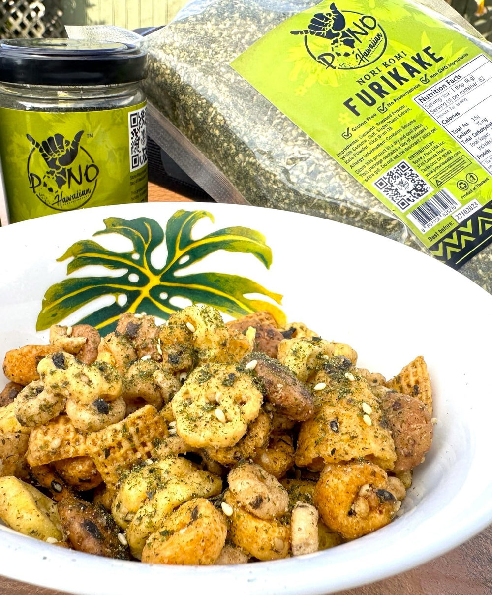 Gluten-free and non-GMO badge on Pono furikake label.