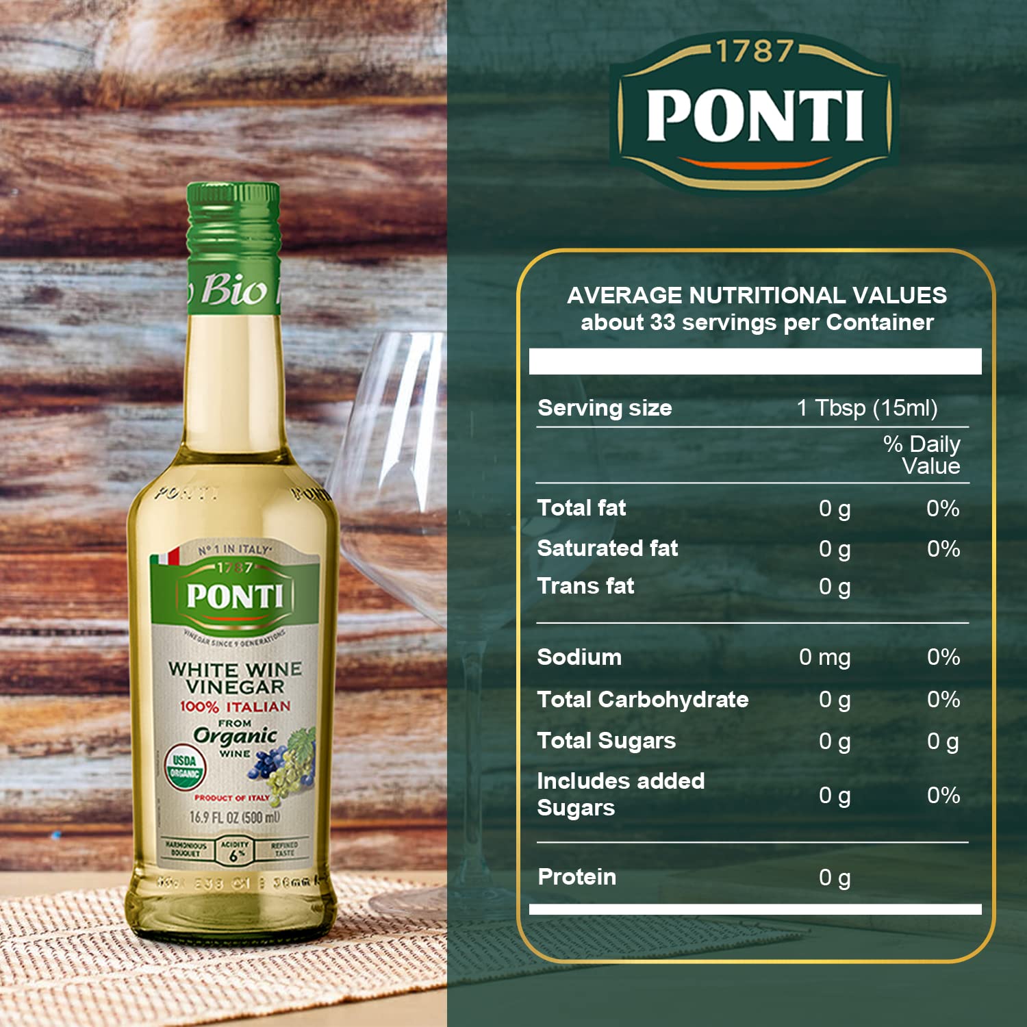 Ponti organic white wine vinegar dressing enhances salads with balanced acidity.