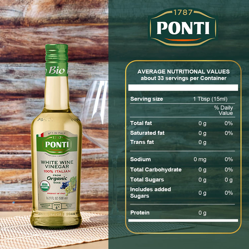 Ponti organic white wine vinegar dressing enhances salads with balanced acidity.