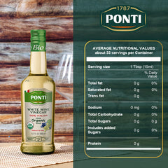 Ponti organic white wine vinegar dressing enhances salads with balanced acidity.