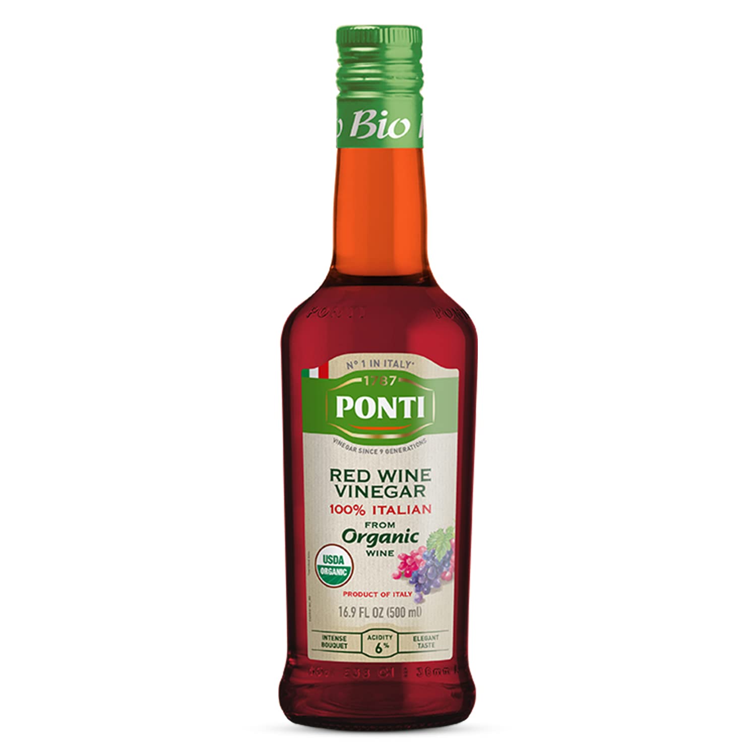 Ponti red wine vinegar bottle on a kitchen counter, ideal for bright salads.