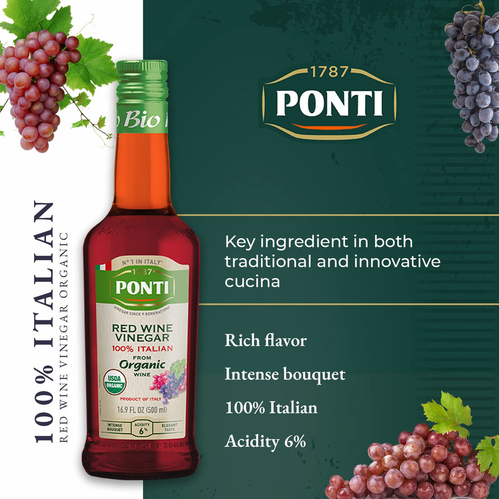Ponti red wine vinegar in a glass cruet, ready for dressings.
