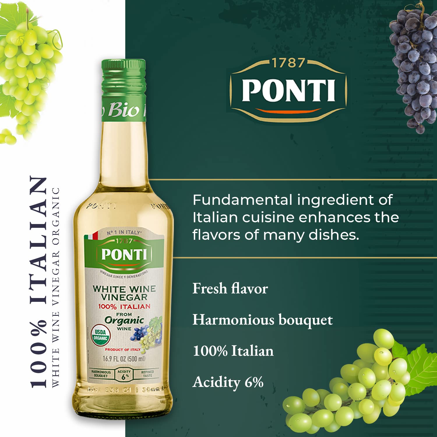 Ponti organic white wine vinegar for salads and vegetables, enhancing flavors.
