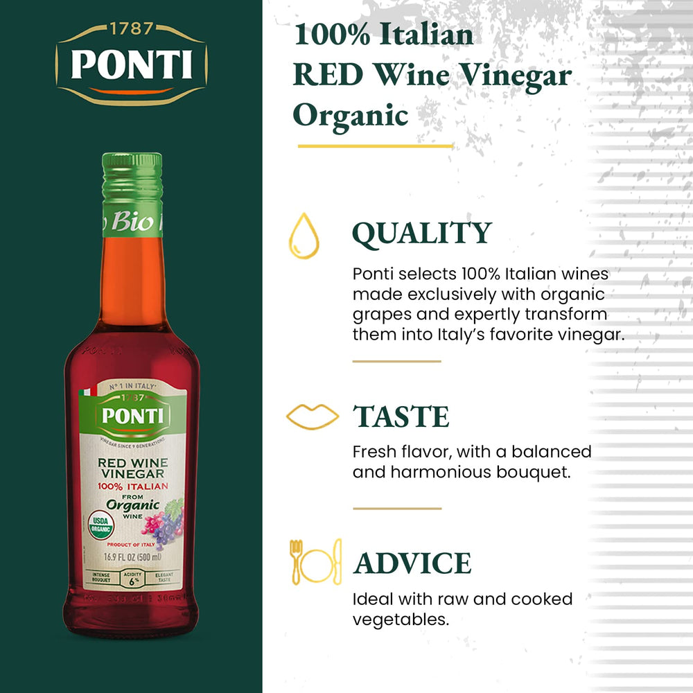 Close-up of Ponti organic red wine vinegar label on the bottle.