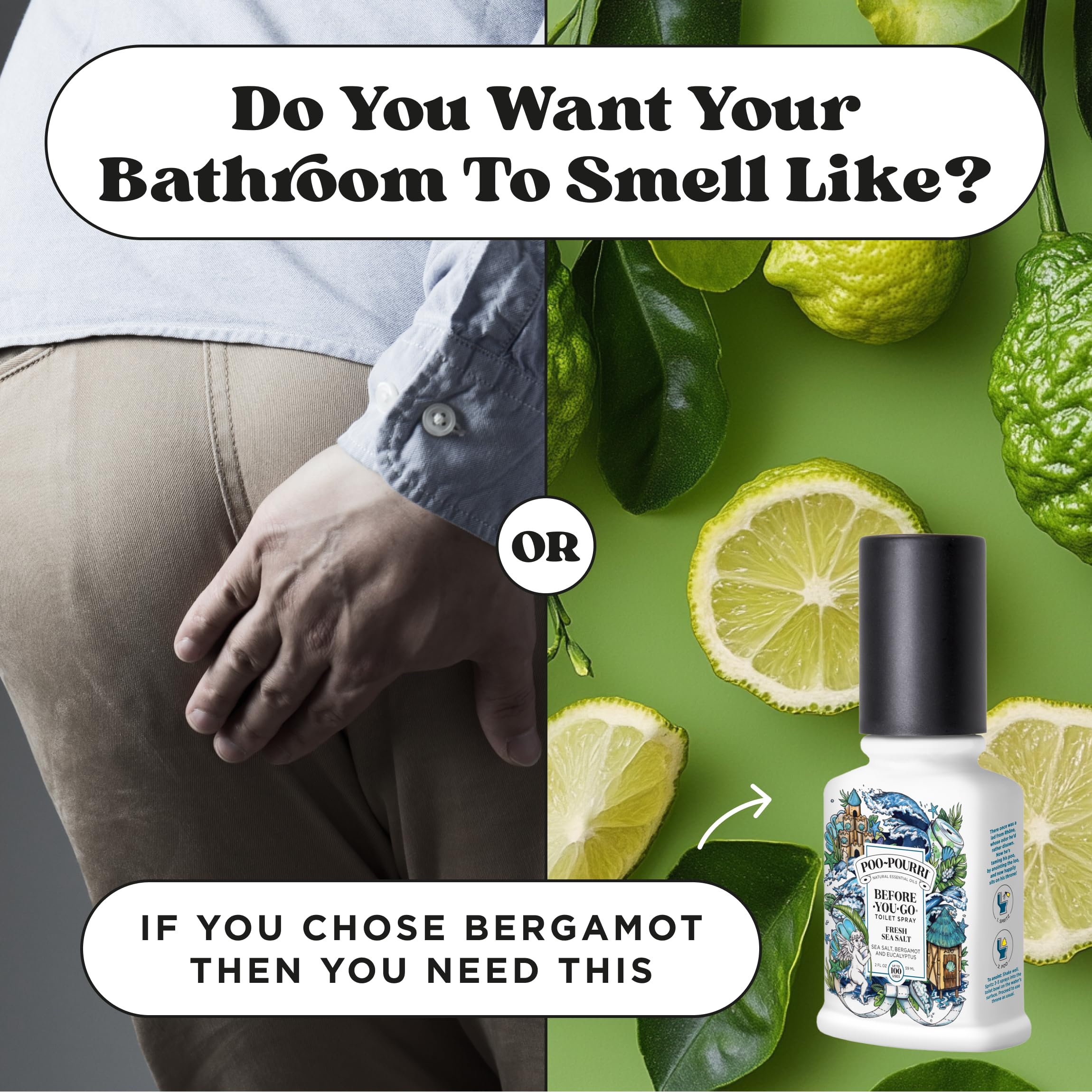 Poo-Pourri 100-uses packaging indicates long-lasting fragrance per bottle.