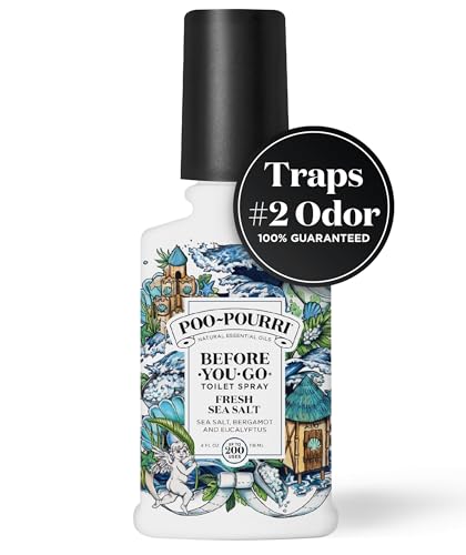 Poo-Pourri before-you-go spray mist in action traps odors beneath water surface.
