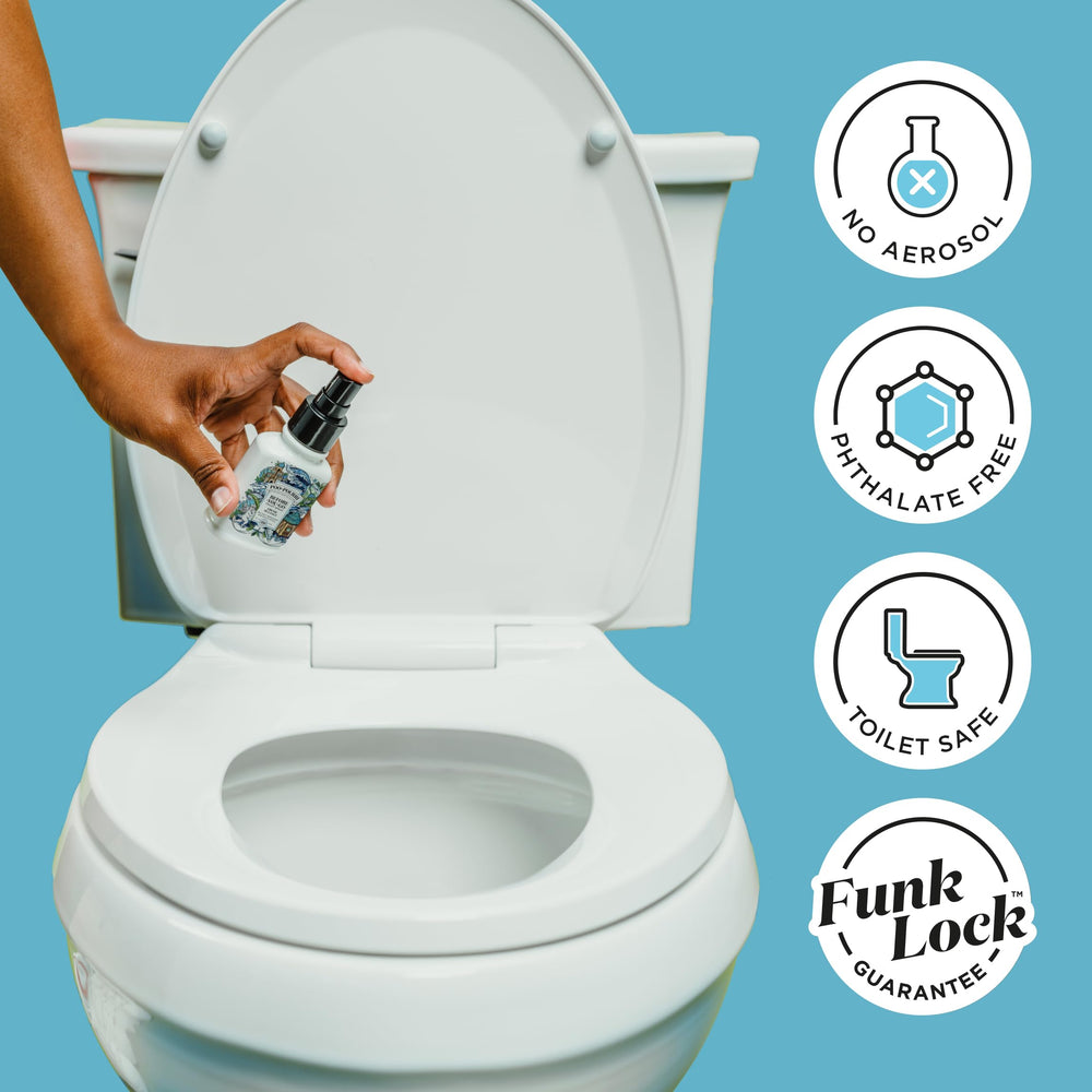 Poo-Pourri easy-press nozzle shown in action, fine mist coverage.
