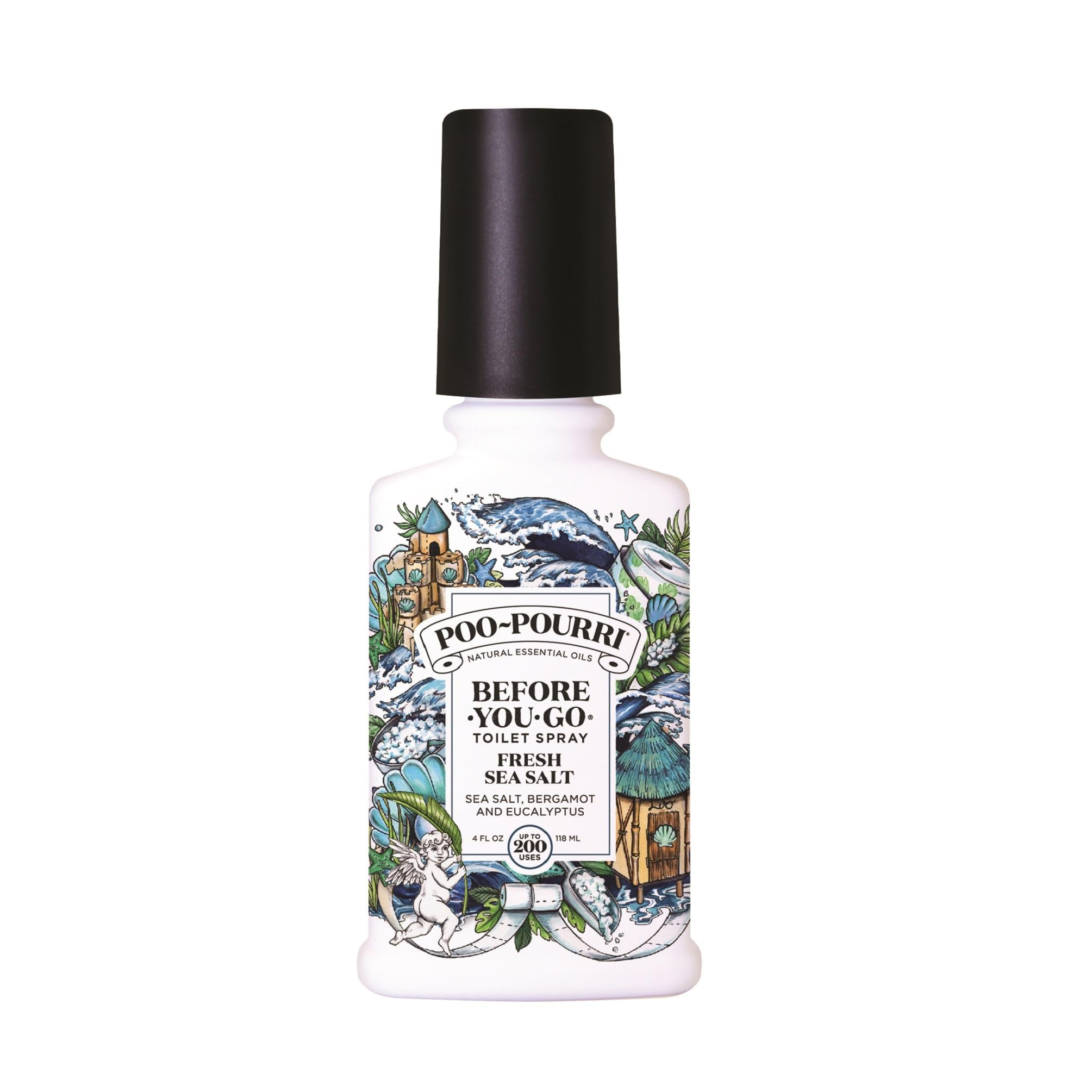Poo-Pourri Fresh Sea Salt bottle ready to spritz before use, odor barrier on water.