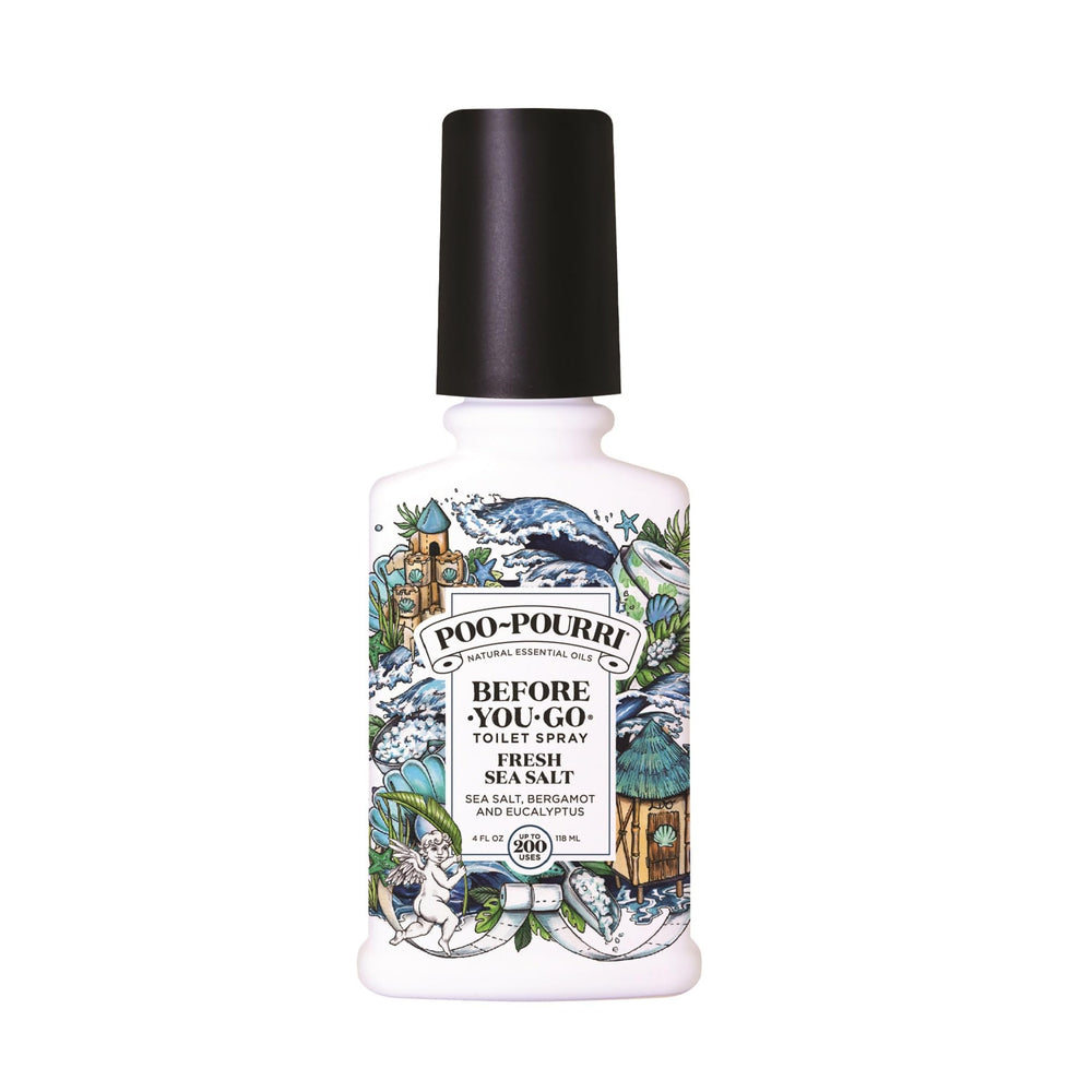 Poo-Pourri Fresh Sea Salt bottle ready to spritz before use, odor barrier on water.