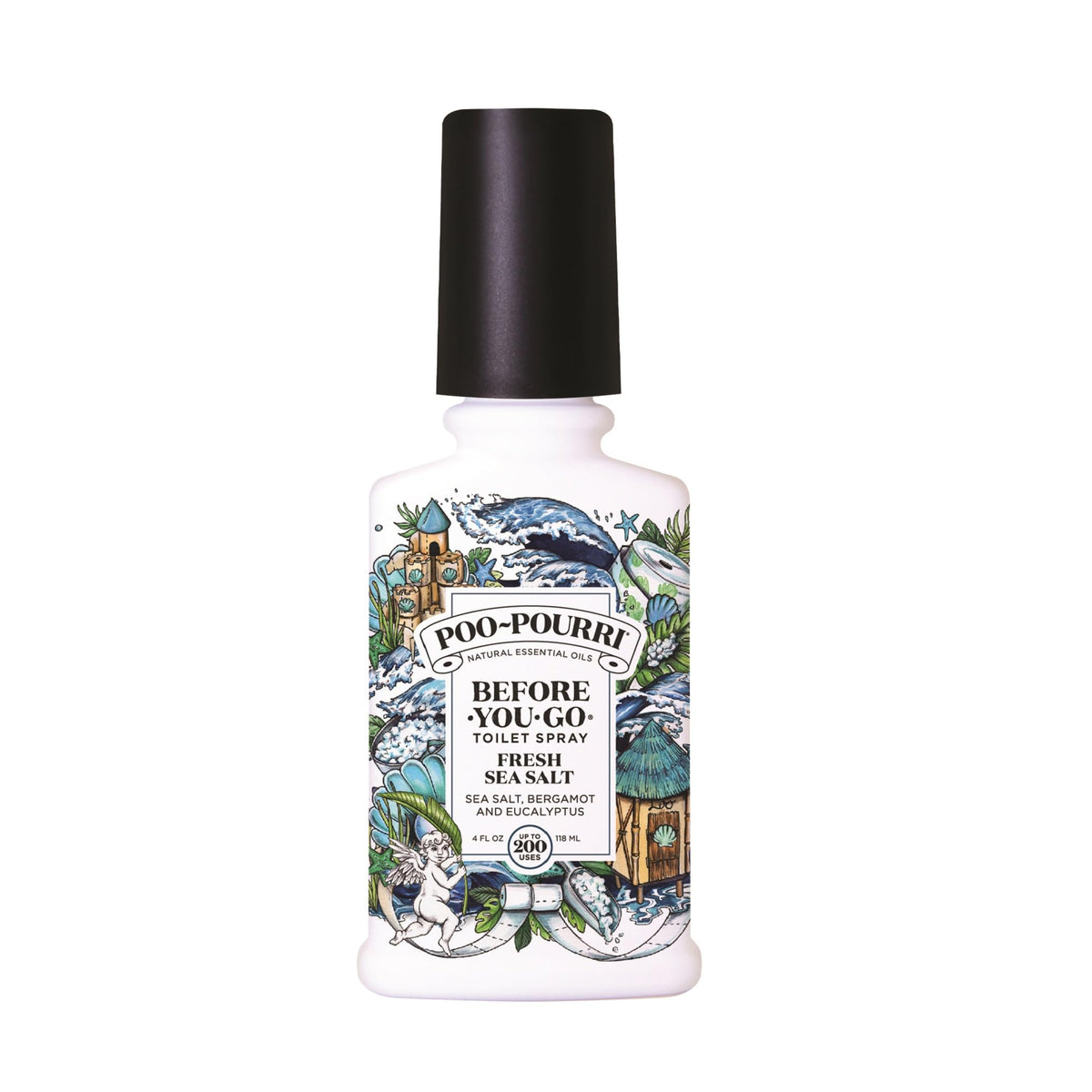 Poo-Pourri Fresh Sea Salt bottle ready to spritz before use, odor barrier on water.