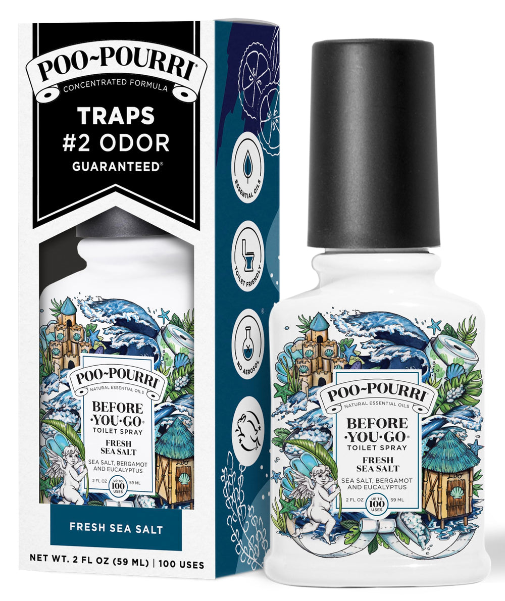 Poo-Pourri Fresh Sea Salt bottle demonstrates portable odor defense for any bathroom.